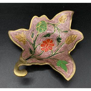 Enameled Brass 6” Maple Leaf Dish Tray Floral Design